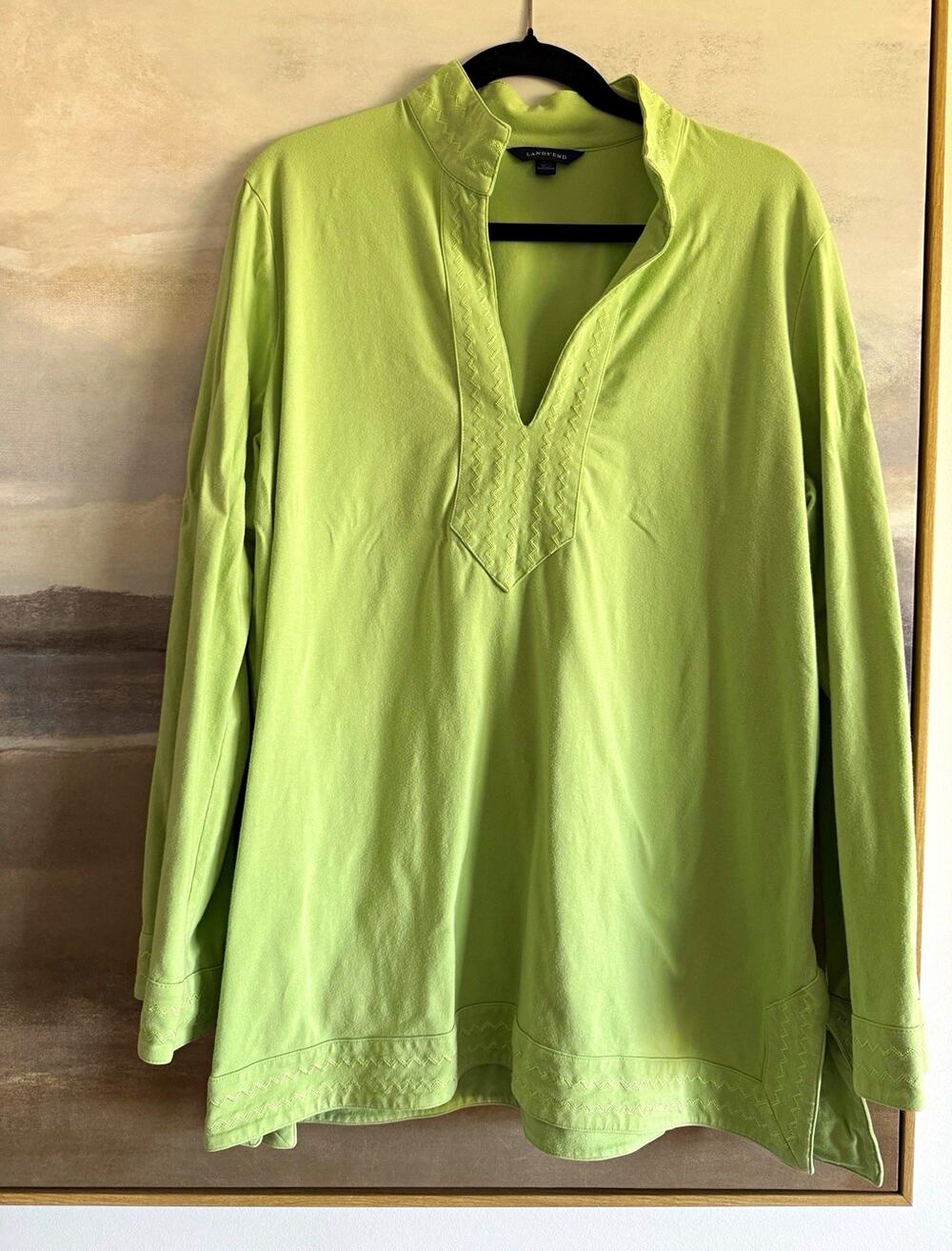Lands' End Womens Green Solid V-Neck Long Sleeve Tunic Top Plus XL 18-20